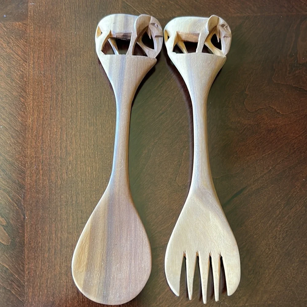 Vintage Small Wooden salad servers carved Elephant design